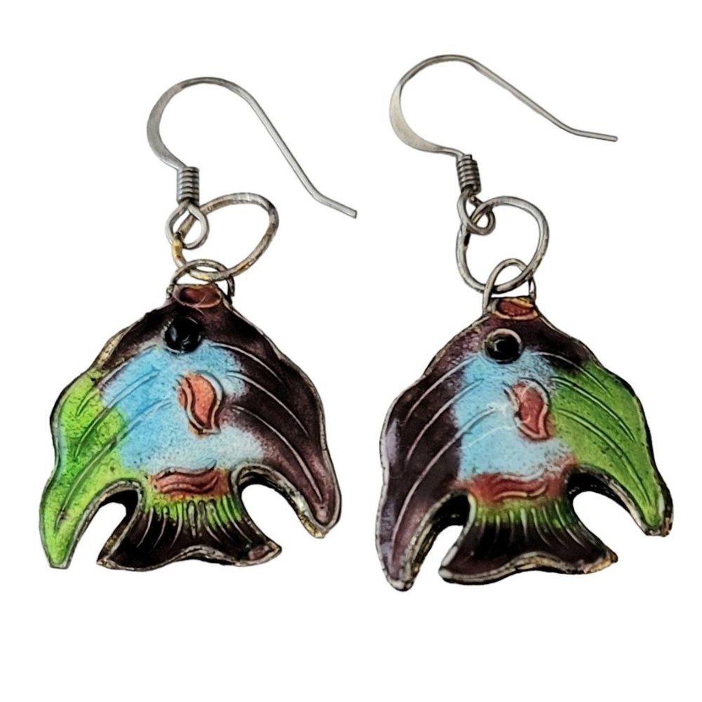 Cloisonné Red Green Purple Enamel Brass Fish Earrings E606